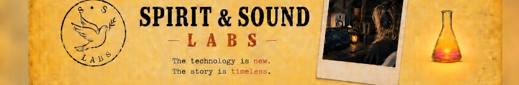 The Spirit & Sound Labs banner: a dove stamp, letterpress type on aged paper, and a flask glowing amber in the dark